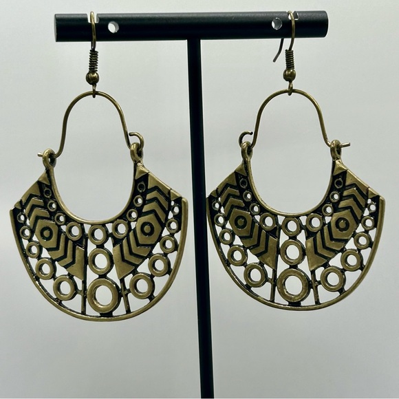 Geometric Bronze Tone Hoop Earrings - Picture 2 of 8